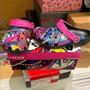 Vintage Patricia Field New in Box -CROCS  Vibrant Pink and Black slip on crocs